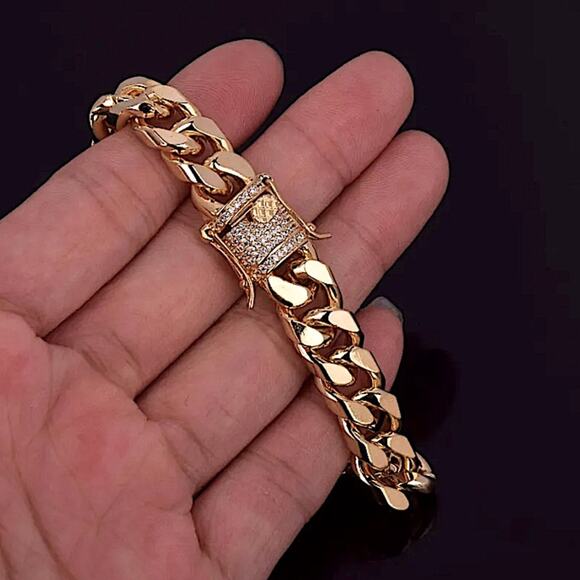 Gold Chain Link Bracelet, Cuban, Rhinestone Closure - Picture 1 of 8